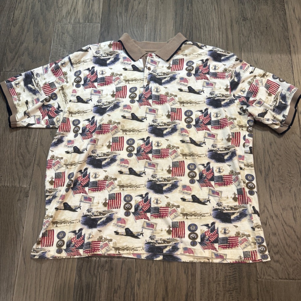 Cotton Traders‎ Sport Polo Shirt Mens Extra Large US Flags Airplanes Print